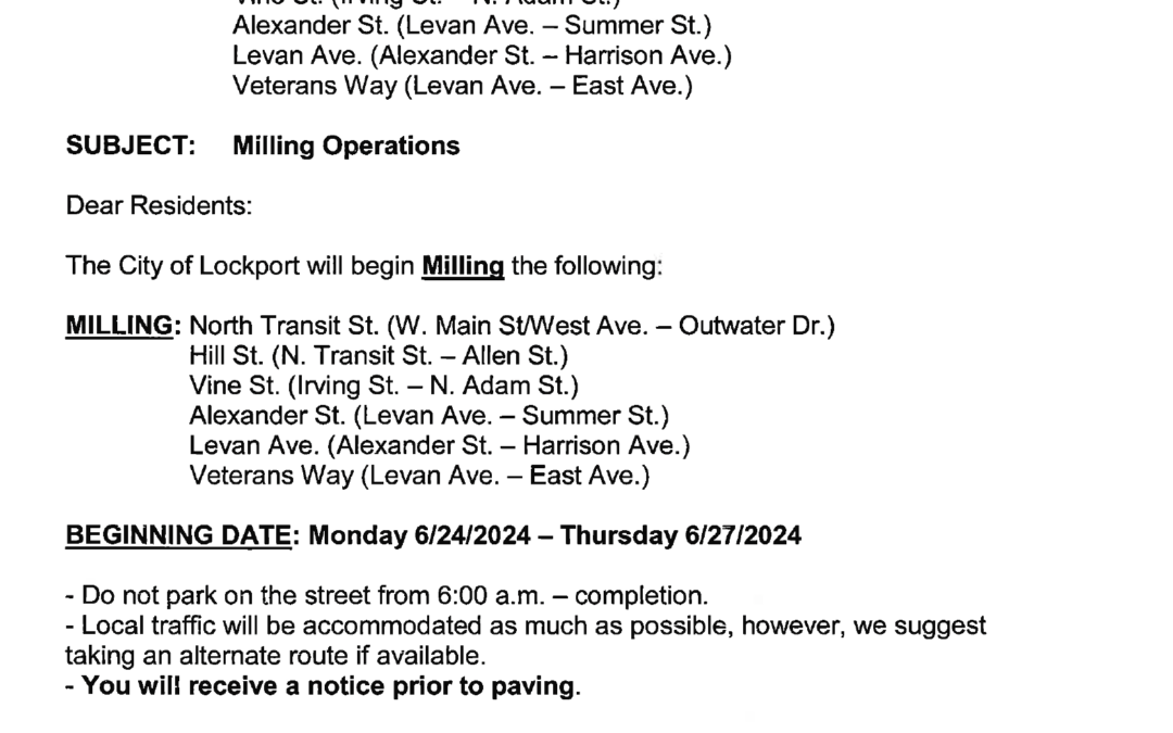 Milling Operations Notice: 6/24 to 6/27